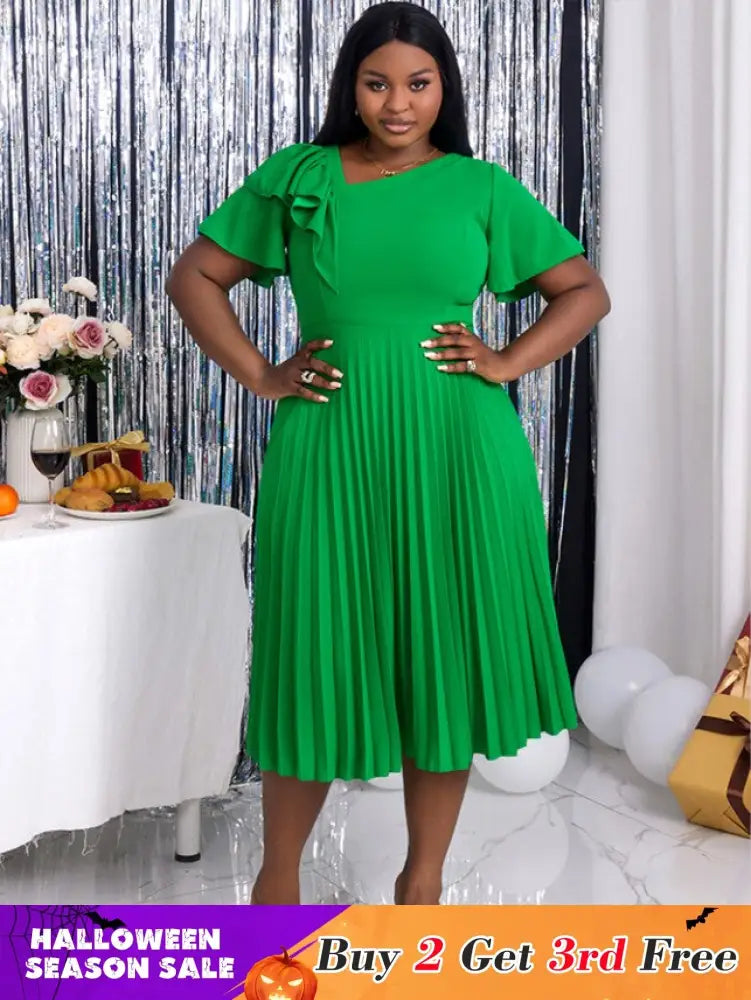 green asymmetrical neck midi dresses for women plus size pleated dress