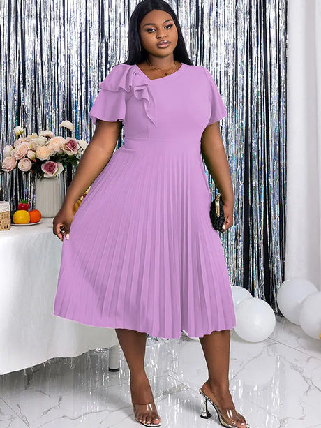 AOMEIDRESS Asymmetrical Neck Ruffles Short Sleeve Pleated Dress Purple / S