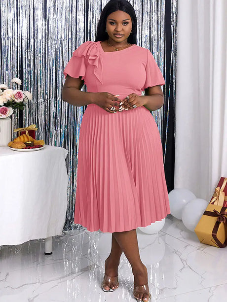 AOMEIDRESS Asymmetrical Neck Ruffles Short Sleeve Pleated Dress Pink / S