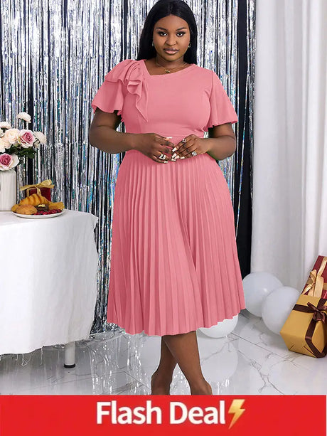 AOMEIDRESS Asymmetrical Neck Ruffles Short Sleeve Pleated Dress Pink / S