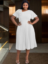 AOMEIDRESS Asymmetrical Neck Ruffles Short Sleeve Pleated Dress White / S