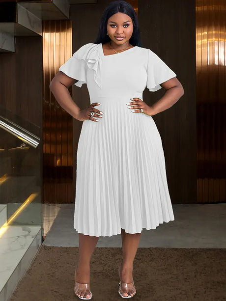 AOMEIDRESS Asymmetrical Neck Ruffles Short Sleeve Pleated Dress White / S