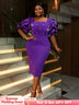 AOMEIDRESS Beaded Dress Short Sleeve Purple Ruffle Bubble Sleeve Square Neck
