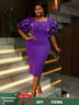 AOMEIDRESS Beaded Dress Short Sleeve Purple Ruffle Bubble Sleeve Square Neck
