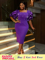 AOMEIDRESS Beaded Dress Short Sleeve Purple Ruffle Bubble Sleeve Square Neck
