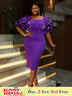 AOMEIDRESS Beaded Dress Short Sleeve Purple Ruffle Bubble Sleeve Square Neck
