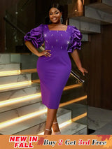 AOMEIDRESS Beaded Dress Short Sleeve Purple Ruffle Bubble Sleeve Square Neck
