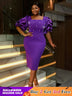 AOMEIDRESS Beaded Dress Short Sleeve Purple Ruffle Bubble Sleeve Square Neck
