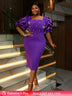 AOMEIDRESS Beaded Dress Short Sleeve Purple Ruffle Bubble Sleeve Square Neck
