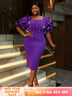 AOMEIDRESS Beaded Dress Short Sleeve Purple Ruffle Bubble Sleeve Square Neck
