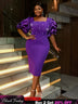 AOMEIDRESS Beaded Dress Short Sleeve Purple Ruffle Bubble Sleeve Square Neck
