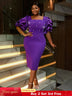 AOMEIDRESS Beaded Dress Short Sleeve Purple Ruffle Bubble Sleeve Square Neck
