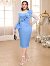 AOMEIDRESS Beaded Party Dress O Neck Long See Through Sleeve Ruffles