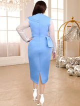 AOMEIDRESS Beaded Party Dress O Neck Long See Through Sleeve Ruffles
