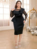 AOMEIDRESS Beaded Party Dress O Neck Long See Through Sleeve Ruffles Black / S