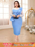 AOMEIDRESS Beaded Party Dress O Neck Long See Through Sleeve Ruffles Blue / S