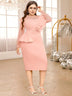 AOMEIDRESS Beaded Party Dress O Neck Long See Through Sleeve Ruffles Pink / S