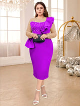AOMEIDRESS Beaded Party Dress O Neck Long See Through Sleeve Ruffles Purple / S