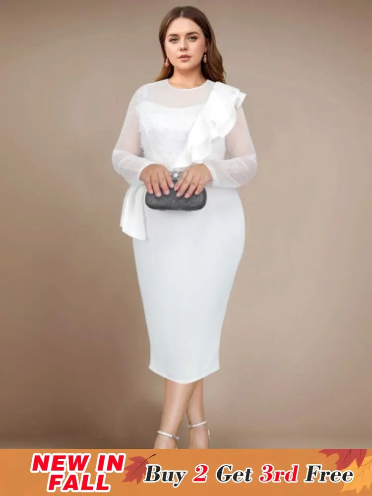 AOMEIDRESS Beaded Sheath Dress Ruffles O Neck Sheer Mesh Long Sleeves White / S