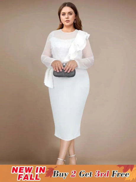 AOMEIDRESS Beaded Sheath Dress Ruffles O Neck Sheer Mesh Long Sleeves White / S