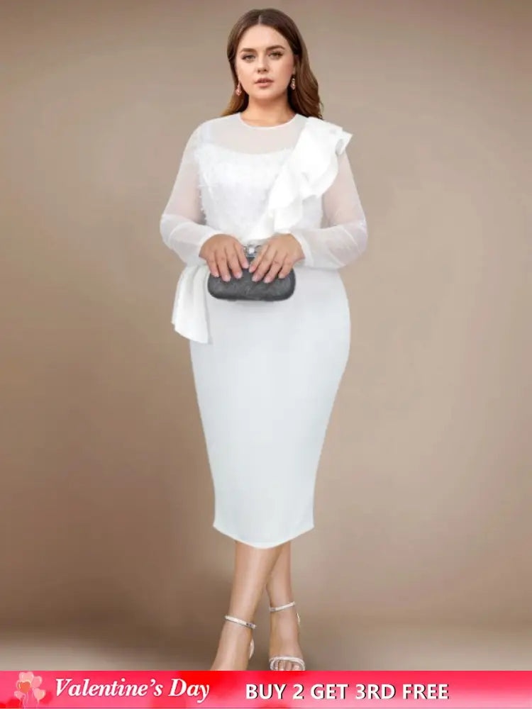 AOMEIDRESS Beaded Sheath Dress Ruffles O Neck Sheer Mesh Long Sleeves White / S