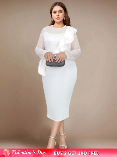 AOMEIDRESS Beaded Sheath Dress Ruffles O Neck Sheer Mesh Long Sleeves White / S