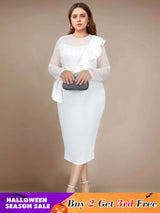AOMEIDRESS Beaded Sheath Dress Ruffles O Neck Sheer Mesh Long Sleeves White / S