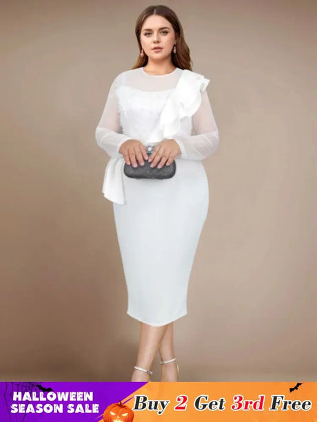 AOMEIDRESS Beaded Sheath Dress Ruffles O Neck Sheer Mesh Long Sleeves White / S