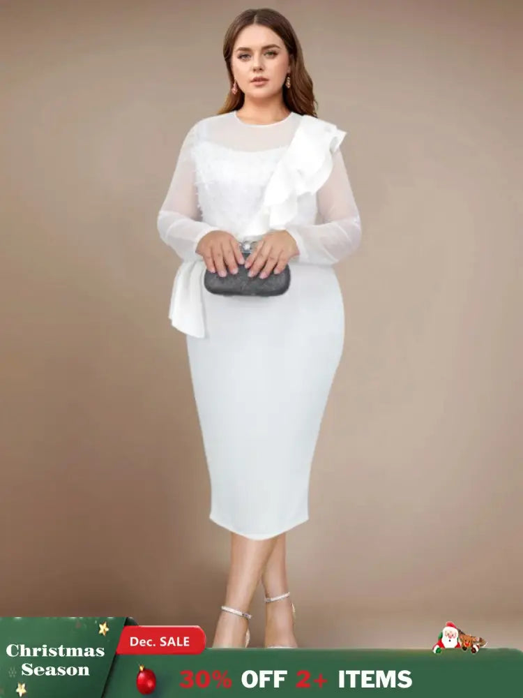 AOMEIDRESS Beaded Sheath Dress Ruffles O Neck Sheer Mesh Long Sleeves White / S