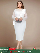 AOMEIDRESS Beaded Sheath Dress Ruffles O Neck Sheer Mesh Long Sleeves White / S