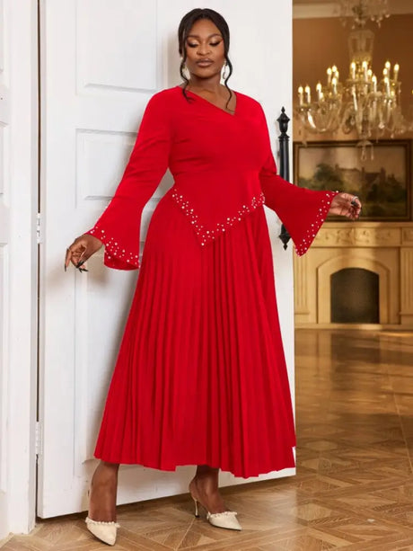 AOMEIDRESS Beading Pleated A Line Dress V Neck Long Flare Sleeve Maxi