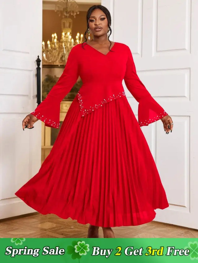 AOMEIDRESS Beading Pleated A Line Dress V Neck Long Flare Sleeve Maxi Red / S