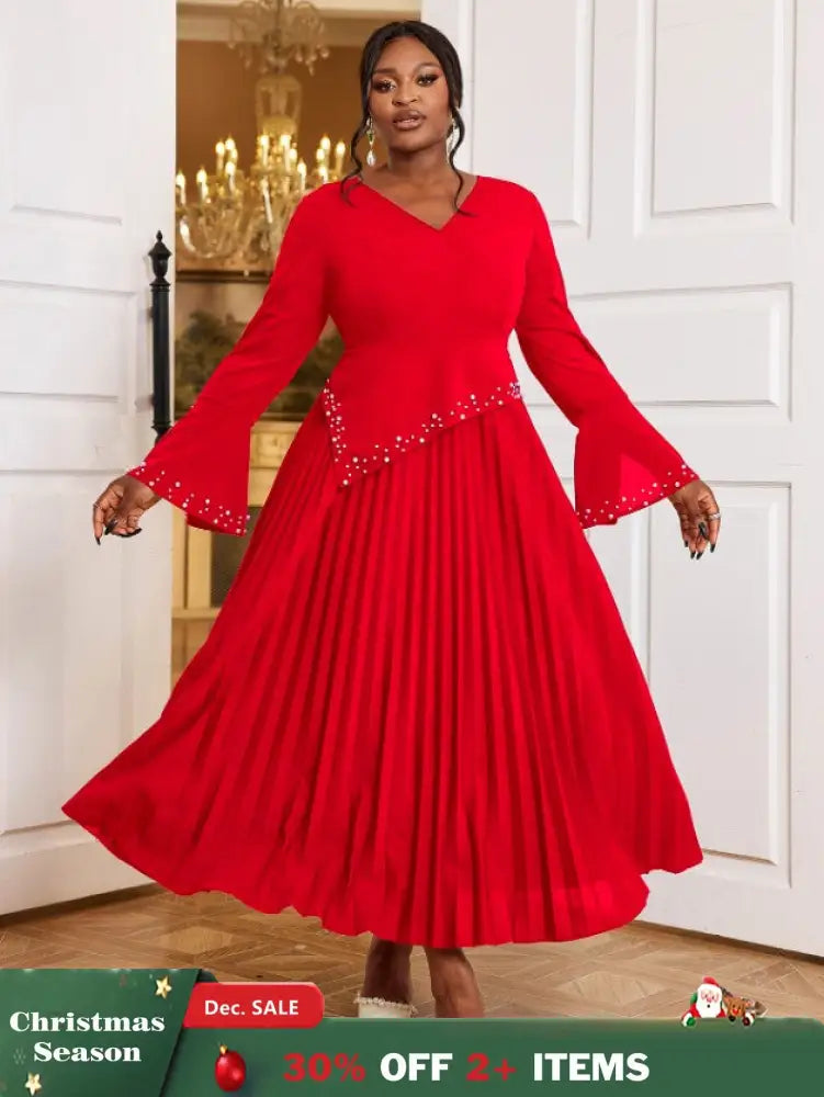 AOMEIDRESS Beading Pleated A Line Dress V Neck Long Flare Sleeve Maxi Red / S