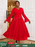 AOMEIDRESS Beading Pleated A Line Dress V Neck Long Flare Sleeve Maxi Red / S