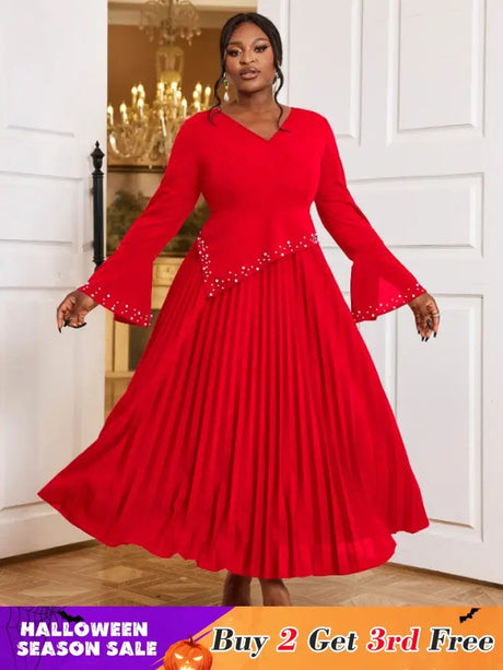 AOMEIDRESS Beading Pleated A Line Dress V Neck Long Flare Sleeve Maxi Red / S