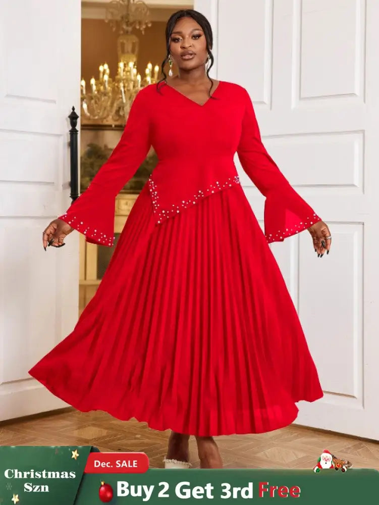 AOMEIDRESS Beading Pleated A Line Dress V Neck Long Flare Sleeve Maxi Red / S
