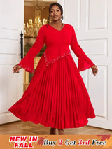 AOMEIDRESS Beading Pleated A Line Dress V Neck Long Flare Sleeve Maxi Red / S