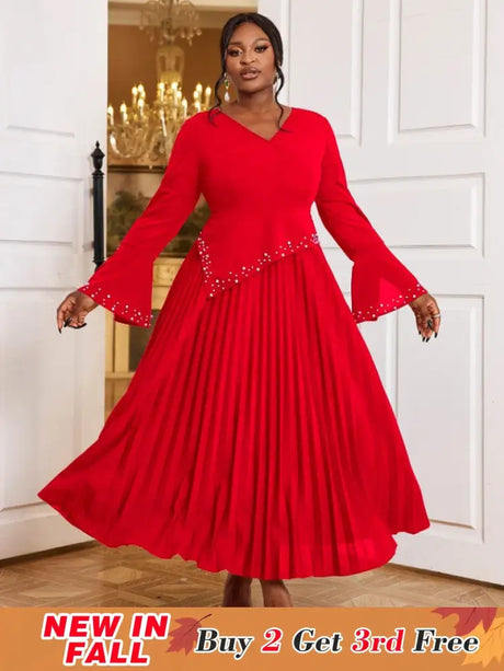 AOMEIDRESS Beading Pleated A Line Dress V Neck Long Flare Sleeve Maxi Red / S