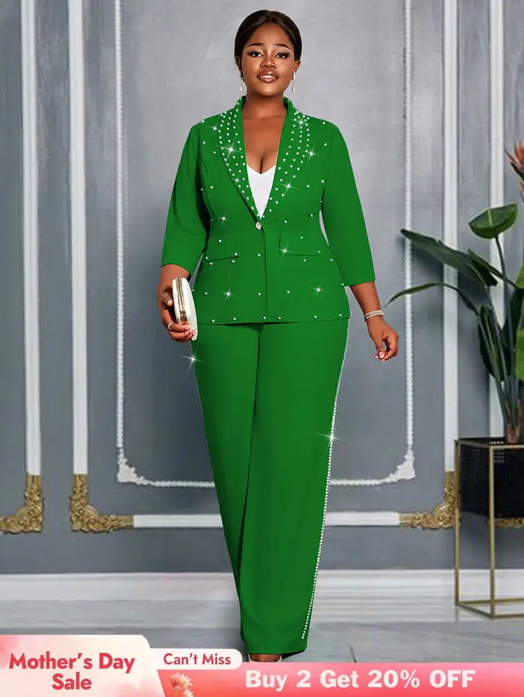 AOMEIDRESS Beading Two Pieces Set Office Ladies Party Classy Suits Green / L