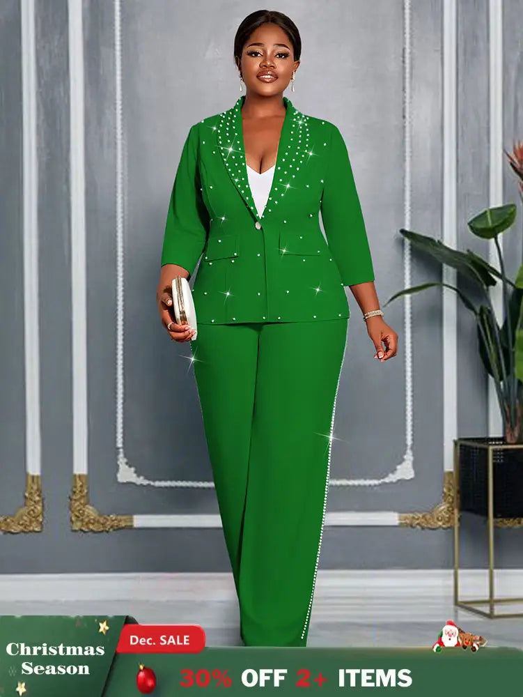AOMEIDRESS Beading Two Pieces Set Office Ladies Party Classy Suits Green / L