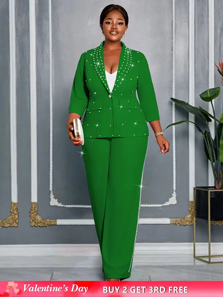 AOMEIDRESS Beading Two Pieces Set Office Ladies Party Classy Suits Green / L