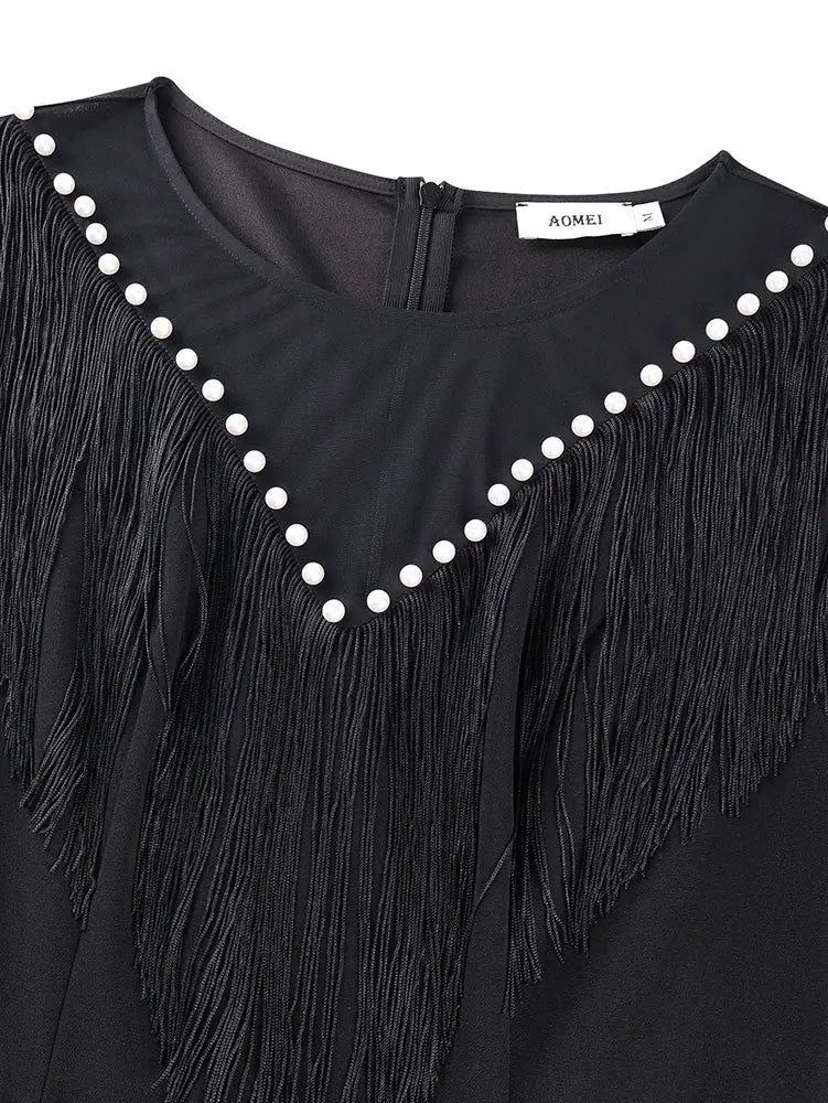 AOMEIDRESS Black Fringe Beaded Mini Dress Party Cocktail Events Gowns