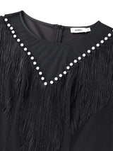 AOMEIDRESS Black Fringe Beaded Mini Dress Party Cocktail Events Gowns