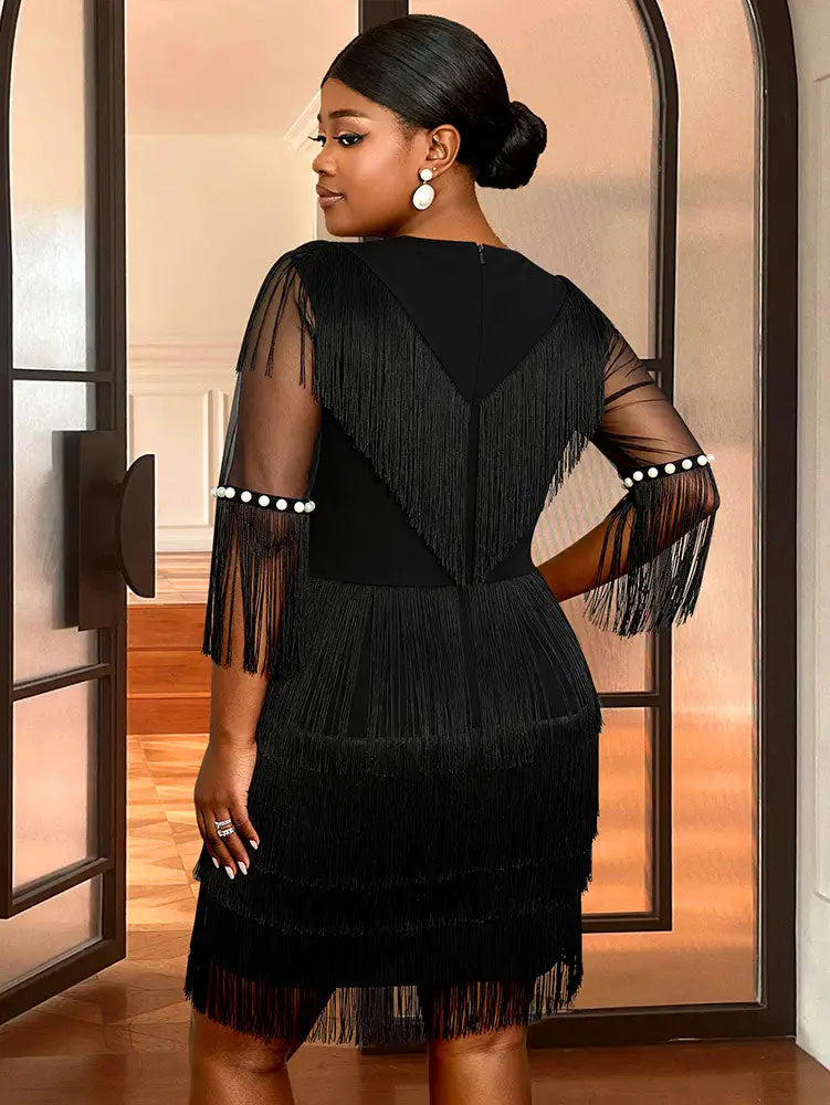 AOMEIDRESS Black Fringe Beaded Mini Dress Party Cocktail Events Gowns