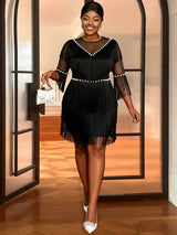 AOMEIDRESS Black Fringe Beaded Mini Dress Party Cocktail Events Gowns