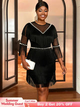 AOMEIDRESS Black Fringe Beaded Mini Dress Party Cocktail Events Gowns Black / S