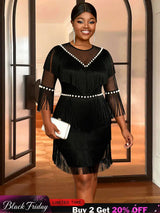 AOMEIDRESS Black Fringe Beaded Mini Dress Party Cocktail Events Gowns Black / S