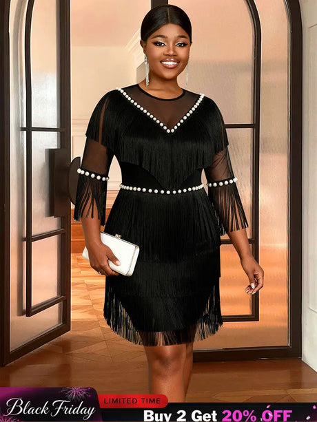 AOMEIDRESS Black Fringe Beaded Mini Dress Party Cocktail Events Gowns Black / S