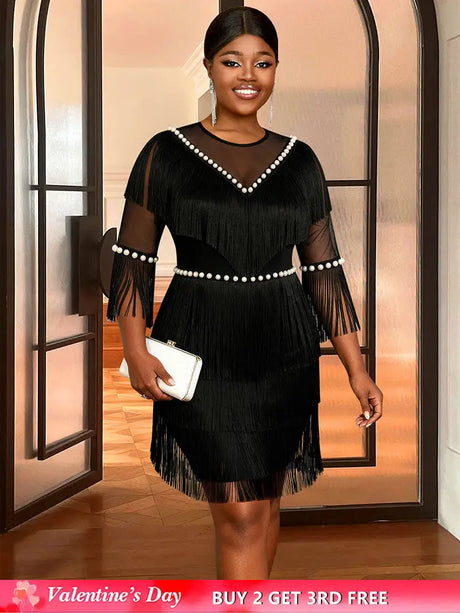 AOMEIDRESS Black Fringe Beaded Mini Dress Party Cocktail Events Gowns Black / S