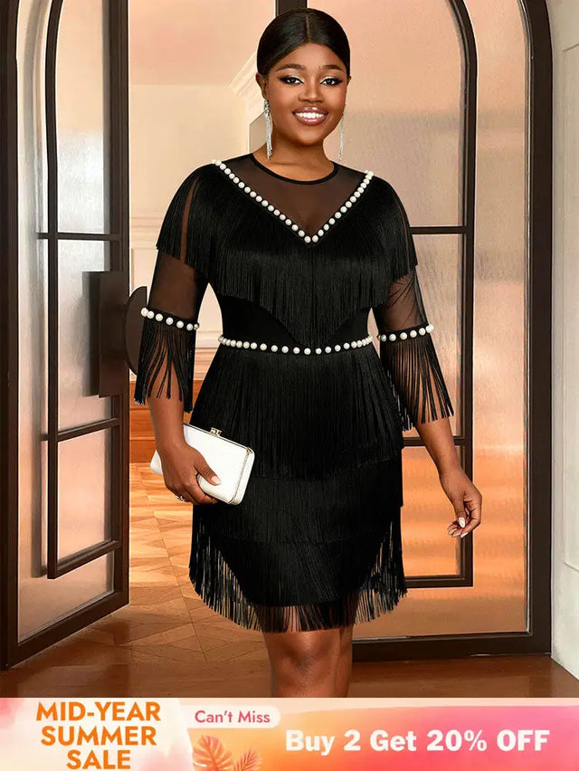 AOMEIDRESS Black Fringe Beaded Mini Dress Party Cocktail Events Gowns Black / S